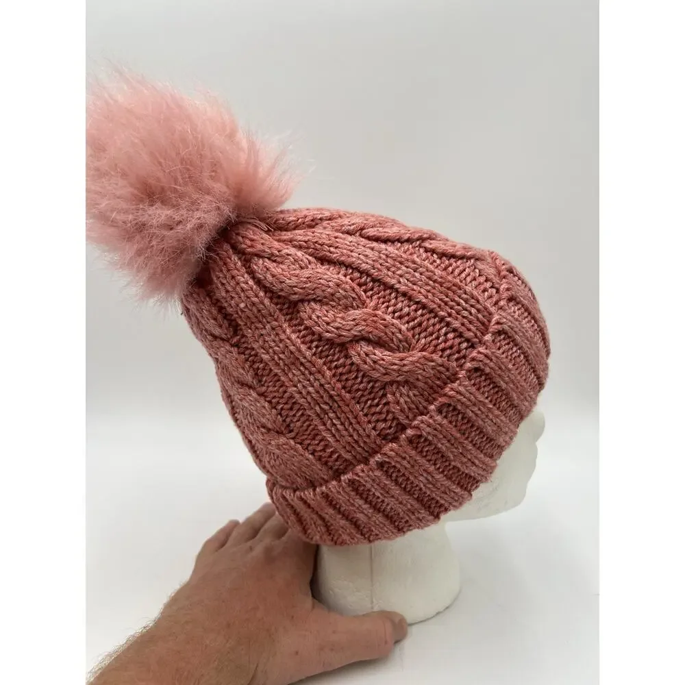 Time and Tru Pink Faux Fur Lined Knit Beanie Hat One Size Women’s Winter